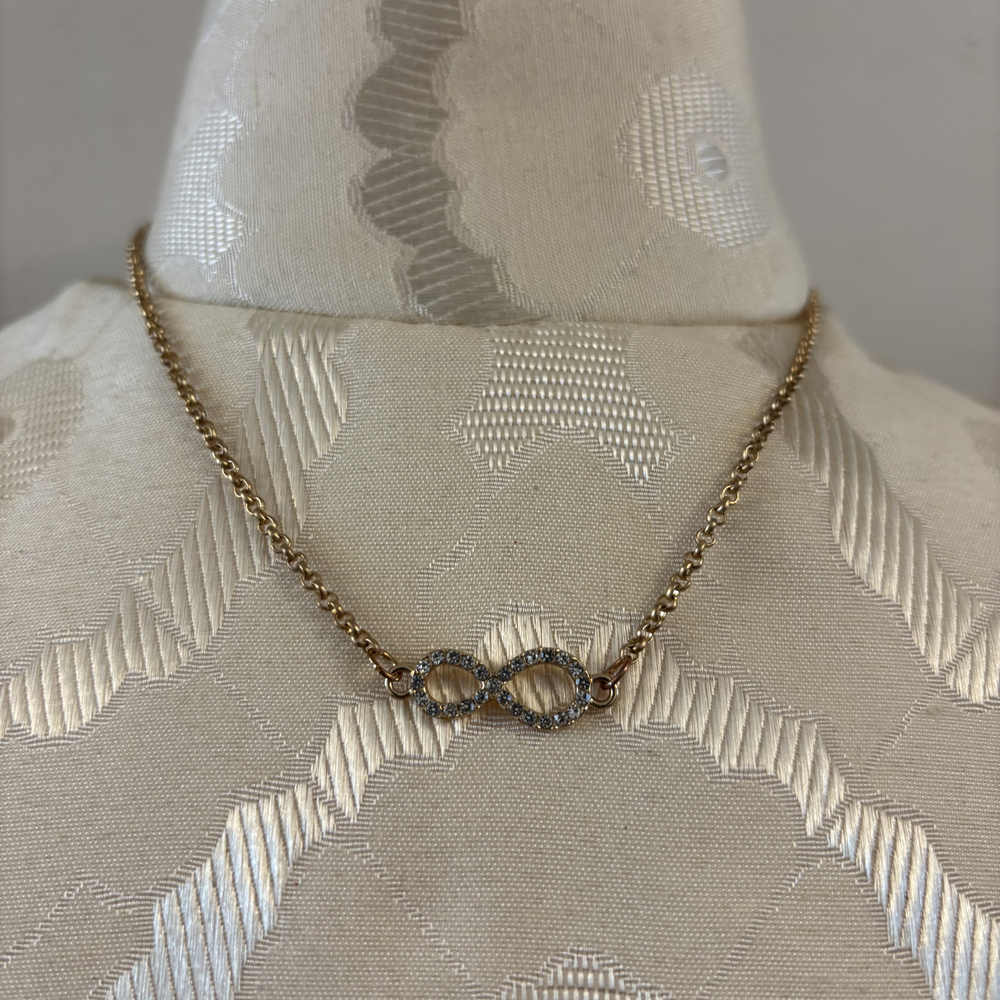 Faux Rhinestone Infinity Symbol Delicate Chain Necklace Gold Tone